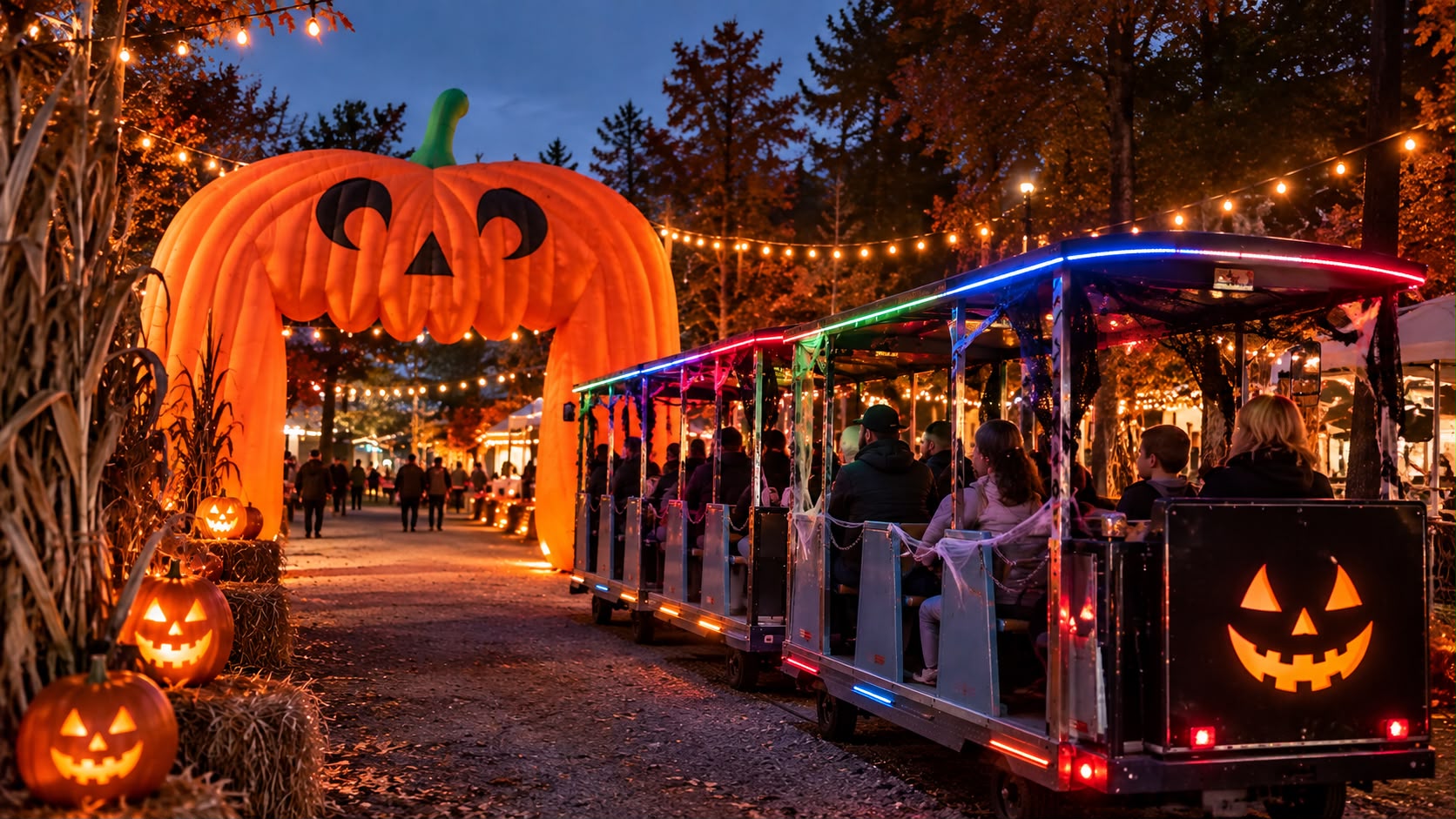 Le train illuminé et l’arche citrouille d’Halloween au Havana